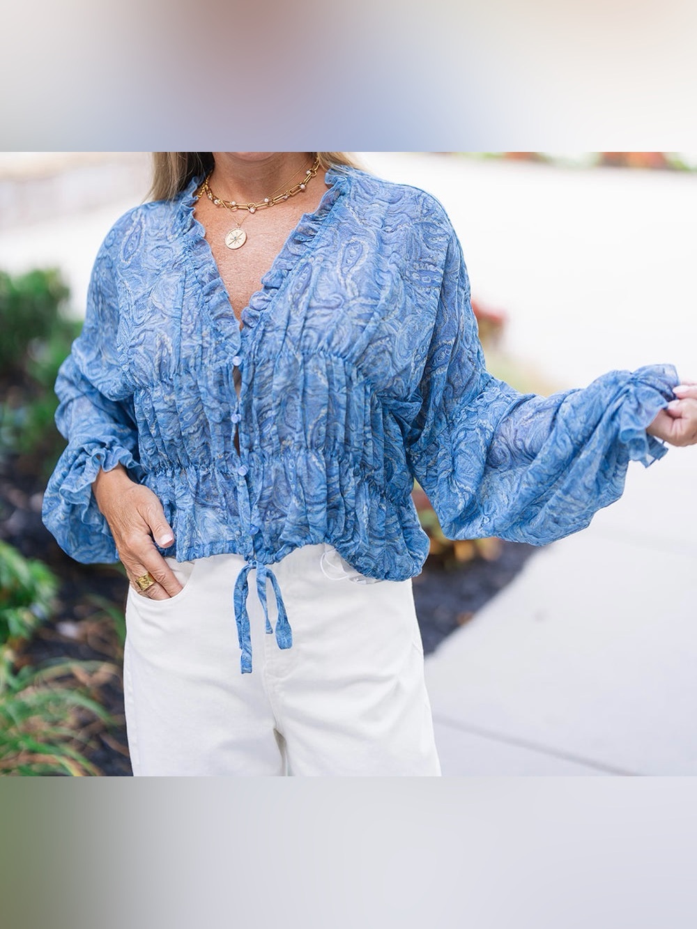 Emory Park Blue Paisley Tie-Front Peasant Blouse